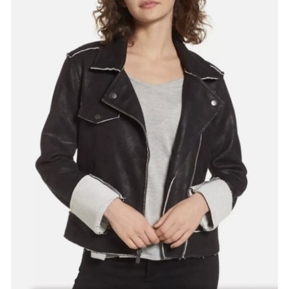 Splendid Faux Suede French Terry Moto Jacket Black White Raw Hem Sz L - Picture 11 of 11